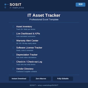 May include: A dark blue digital template titled "IT Asset Tracker" with white text. Features include asset inventory, live dashboards, warranty alerts, software license tracking, depreciation tracking, check-in/check-out log, and vendor directory. Includes "Instant Download", "Zero Macros", and "Fully Editable" options.