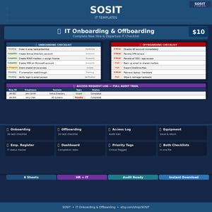 May include: A digital IT onboarding and offboarding checklist template. The blue and white document includes sections for onboarding, offboarding, access logs, and equipment. The template also includes an access request log and is available for instant download.