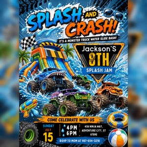 Monster Truck Water Slide Birthday Invitation, Splash Pool Party Invite (Digital Download)