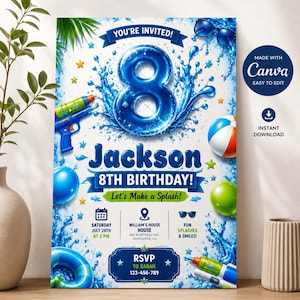 Op de afbeelding: Een verjaardagsuitnodigingsflyer met een groot blauw cijfer 8 omringd door waterspatten, een waterpistool, een strandbal en een zonnebril. De tekst bevat YOU'RE INVITED, Jackson, 8TH BIRTHDAY, Let's Make a Splash en de details van het evenement.