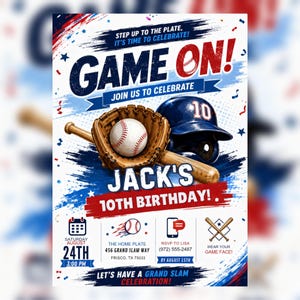 Puede incluir: Un folleto de invitación de cumpleaños con temática de béisbol que presenta un bate de madera, un guante de cuero, una pelota y un casco azul con el número 10. El texto incluye GAME ON!, JACK'S 10TH BIRTHDAY!, sábado 24 de agosto a las 15:00.
