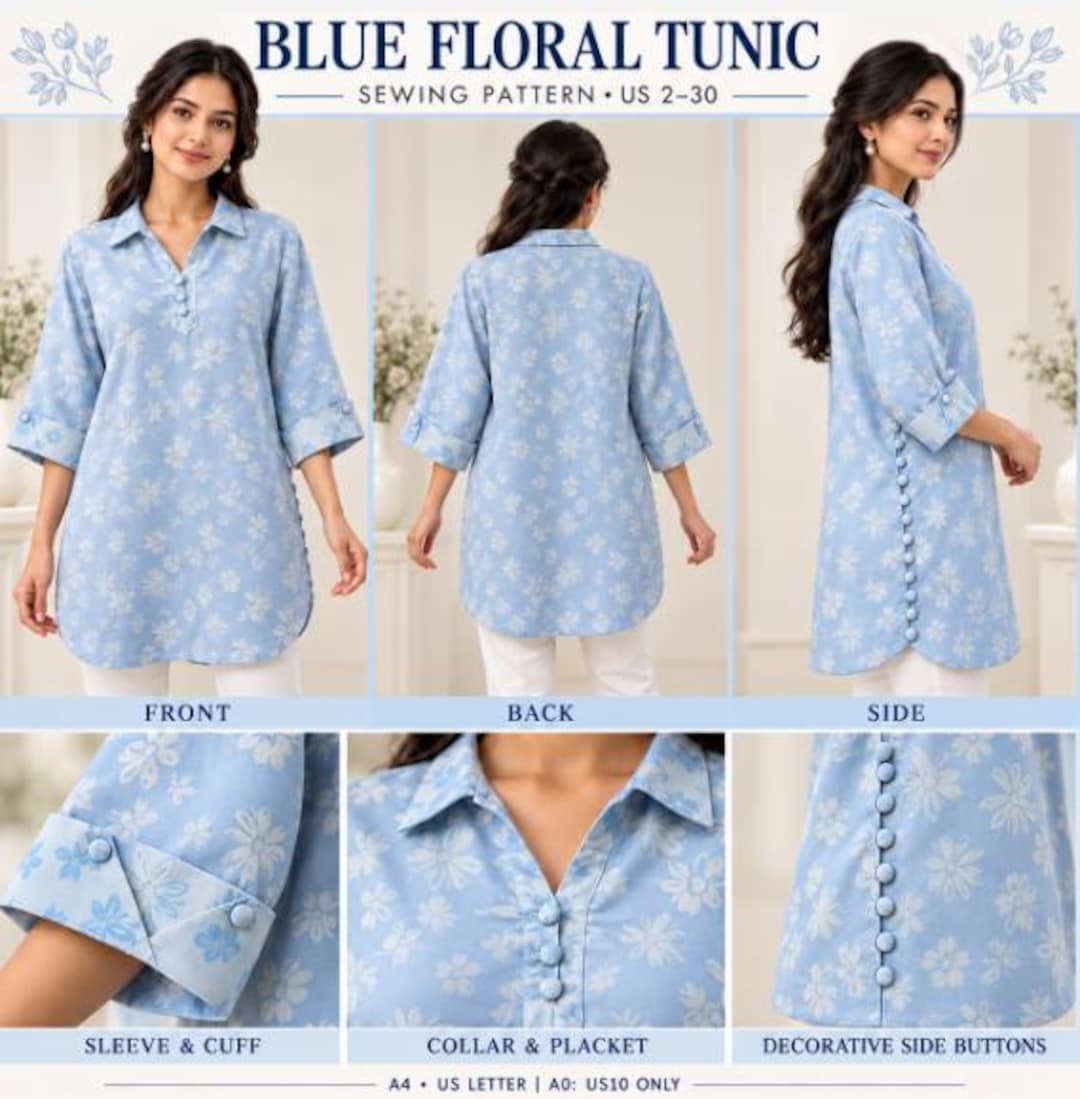 Blue Floral Side Button Tunic Sewing Pattern, Shirt Collar, V Placket ...