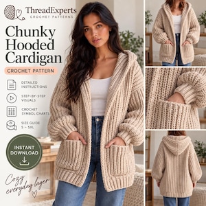 May include: A beige chunky hooded cardigan crochet pattern by ThreadExperts. The design features a ribbed texture, long sleeves, and two front pockets. The pattern includes detailed instructions, step-by-step visuals, crochet symbol charts, and a size guide for S-5XL. This is an instant download.
