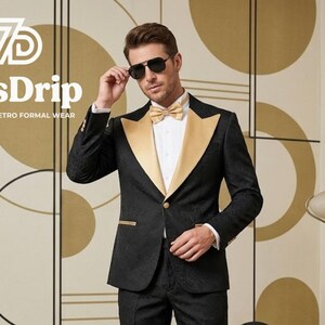 Esmoquin retro negro y dorado para hombre de los años 70 / Traje de fiesta estilo disco vintage con pantalones acampanados / Traje formal con solapa ancha y estampado jacquard
