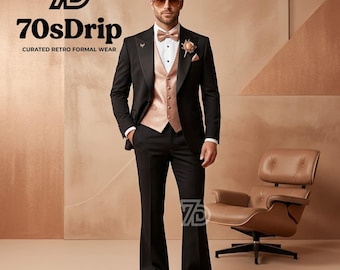 Retro jaren 70 zwarte smoking voor heren met roségouden hemd en uitlopende broek | Vintage stijl discobal formele kleding voor heren