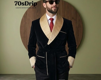 Chaqueta de fumar de lujo para hombre, de terciopelo negro, con solapa dorada acolchada.