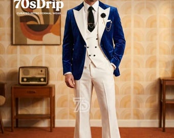 Retro 70er Jahre Herrenanzug Set | Blaue Samtjacke, breite Spitze Revers & Schlaghose | Funky Vintage Abendkleidung