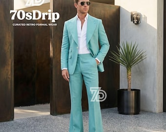 Herren Vintage 70s Style Mintgrüner Anzug | Breite Spitze Revers 2-teilige Retro Abendkleidung | Disco Party & Sommer Hochzeit Outfit