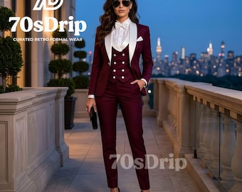 Women’s Burgundy Three-Piece Women’s Tuxedo Suit | Retro 70s Inspired Formal Blazer, Vest, and Trousers | Wedding Guest & Gala Attire