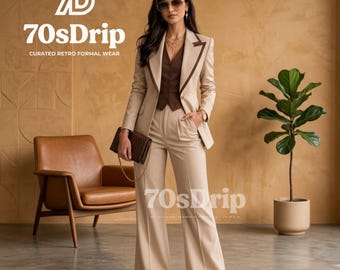 Damen Retro 70er Jahre Damen Hosenanzug 3-Teilig | Beige Hose mit weitem Bein & Braune Weste | Vintage inspirierte maßgeschneiderte formelle Bürokleidung