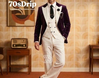 Vintage 1970s Style Men's Suit | Purple Velvet Jacket with Wide White Lapels | 3-Piece Retro Formal Wear
