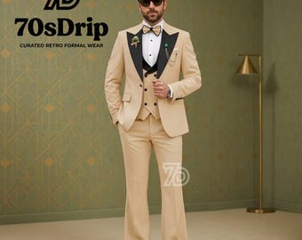 Beige 3-delig herenkostuum in vintage jaren 70-stijl | Zwarte piekbroek met revers en uitlopende wijde pijpen | Retro discofeest smoking trouwkleding