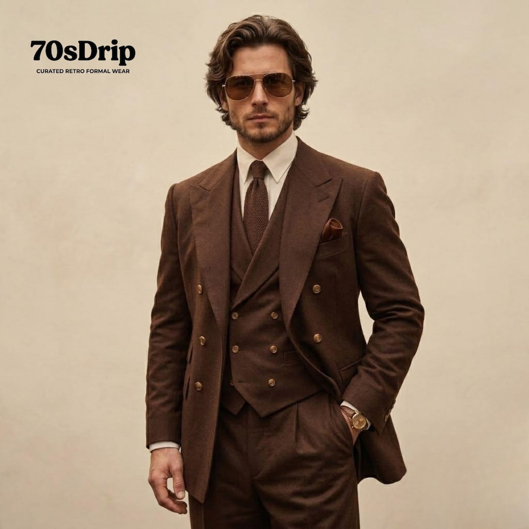 ヴィンテージ 古着 3ピース スーツセットアップ 昭和レトロ ブラウン Men's 1970s Vintage Style Brown 3-piece Suit | Retro Wide Leg