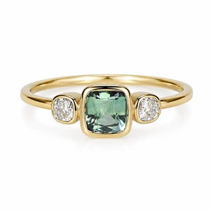 Cushion Cut Green Sapphire Engagement Ring | Bezel Set Three Stone Ring | Minimalist Stackable Ring | Promise Ring |Anniversary Gift for Her