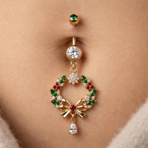 Christmas Wreath Belly Button Ring | Moissanite Bow Navel Ring | Holiday Belly Piercing | Emerald Ruby Dangle Belly Bar | Gift for Women
