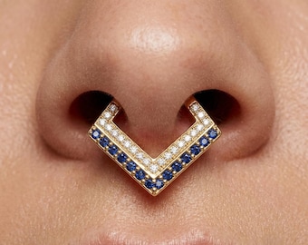 V-vormige septum-klikring | Daith-piercing met blauwe saffier en diamant | Neusring met chevronvorm | Kraakbeenring | Cadeau voor dames heren