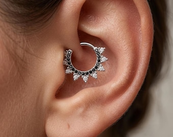 Black & White Diamond Septum Ring | Daith Clicker Earring | Helix Cartilage Hoop | Nose Ring | Fine Piercing Jewelry | Gift for Women Men