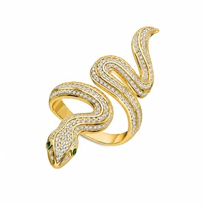 Round Diamond Snake Ring | Gold Serpent Wrap Ring | Emerald Green Eye Statement Band | Adjustable Animal Ring | Anniversary Gift for Her