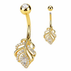 14K Gold Blatt Bauchnabel Ring | CZ Bauchnabelpiercing Schmuck | Baumeln Bauch Ring | Femininer Körperschmuck | Geschenk für Frauen