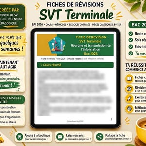 May include: A digital tablet displays a study guide for the SVT Terminale exam, with text in French. The image includes a coffee cup, pens, and notes, suggesting a study environment. The guide covers topics like neurons and information transmission.