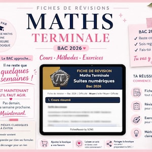 May include: A pink and white educational poster for Maths Terminale, Bac 2026, with text and a tablet displaying a study guide. Includes study tips, a to-do list, and a coffee cup.