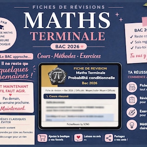 Puede incluir: Gráfico azul marino con el texto "MATHS TERMINALE BAC 2026" y consejos de estudio. Incluye una tableta que muestra una hoja de revisión de matemáticas, junto con un bolígrafo rosa, un bloc de notas y una taza de café. Para estudiantes.