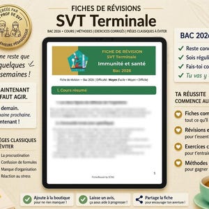 May include: A digital tablet displays a revision sheet for SVT Terminale, with the title "Immunité et santé Bac 2026." The image includes a coffee cup, pen, and text in French, such as "Il ne reste que quelques semaines!" and "C'est maintenant qu'il faut agir."