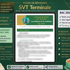 May include: An educational graphic with the text "SVT Terminale" and "La mitose et la méiose" on a tablet screen. The image includes a coffee cup, pen, and notes, with text in French, promoting study resources for the Bac 2026 exam.