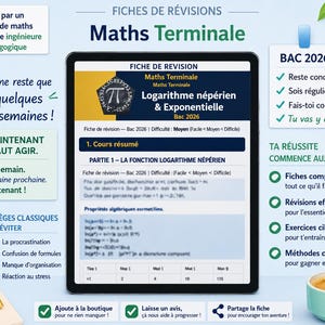 Peut inclure: Tablette affichant une fiche de révision de maths pour le Bac 2026, avec le titre "Logarithme népérien & Exponentielle". L'image comprend une tasse de café, un stylo et des encadrés de conseils d'étude. Un pot à crayons et un bloc-notes sont également visibles.