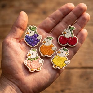 May include: Five embroidered patches featuring white ducklings dressed as fruits. The designs include a purple grape cluster, a bright orange, two red cherries, a light pink peach, and a yellow lemon, each with green leaf accents.