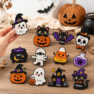 May include: A collection of twelve embroidered Halloween-themed patches featuring various designs including a ghost with a star wand labeled Boo, a cat in a pumpkin labeled Luna, a bat labeled Shadow, a skull labeled Skully, and a cauldron labeled Brew.