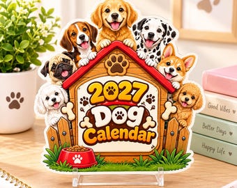 May include: A 2027 dog calendar featuring a colorful illustration of a wooden doghouse surrounded by seven different dog breeds. The text 2027 Dog Calendar is printed in large, bold letters. A red food bowl sits in the grass at the base.