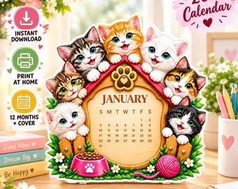 2027 Cat Desk Calendar, Printable Cute Cats Calendar, Cat Desk Calendar, Kitty Lover Gift, Mini Desk Calendar, Digital Download