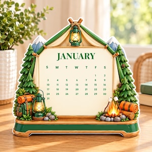 May include: A desk calendar shaped like a tent with a January page. It features green pine trees, snow-capped mountains, a green lantern, a backpack, and a campfire with marshmallows on sticks. The base is green and wood-toned.