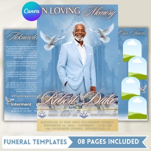 May include: A funeral program template featuring a light blue background with a portrait of an older man in a light blue suit. The design includes white doves, floral accents, and text reading In Loving Memory, Robert Duke, and service details.