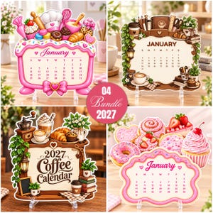 Op de afbeelding: Een vierdelige set van 2027 kalenderdisplays met januari-pagina's. De ontwerpen bevatten thema's met roze glazuur en gebak, koffiehuismotieven met bruine houten accenten, en een verzameling versierde donuts en cupcakes met aardbeien.