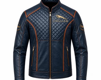 Jaguar Navy Leather Jacket, Quilted Motorcycle Biker Racing Cafe Racer Coat for Men & Women, Grand Touring Automotive Gift for Car Lovers