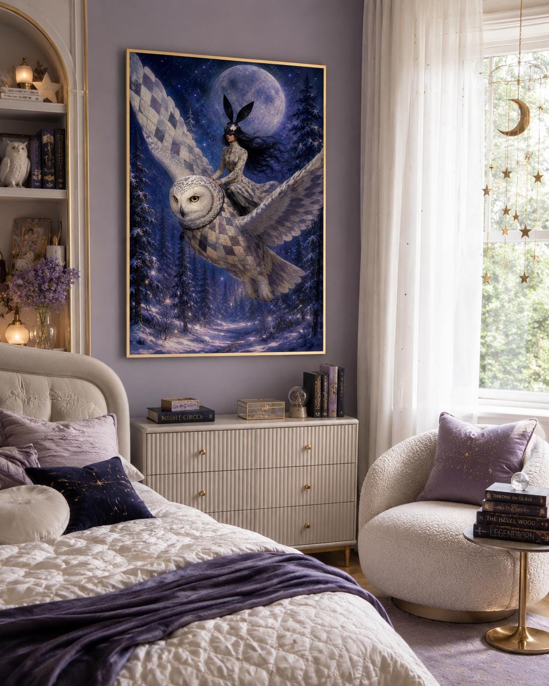 Snowy Owl Moon Wall Art Printable, Celestial Fantasy Girls Room Poster