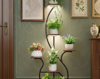 Support pour plante d'intérieur de 55 po. avec lampe de culture - étagère d'angle à 6 niveaux, noir