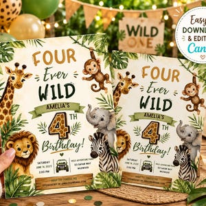 Convite de Aniversário de 4 Anos "Quatro Sempre Selvagens" | Convite com Tema de Safari na Selva | Modelo Editável no Canva | Download Imediato