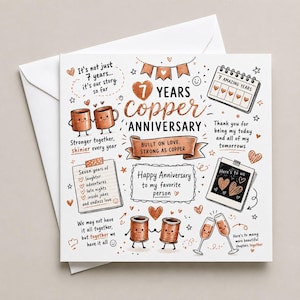May include: A square greeting card with a white background featuring copper-coloured illustrations and text celebrating a 7th anniversary. The design includes cartoon mugs, a calendar, a photo frame, champagne flutes, and hearts with text.
