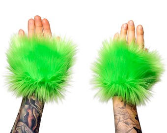 Pawstar Fluffy Wrist CUFFS - Furry Hand Glove warmers Fluffies Lime Green Teal Blue white pink purple black Brown Gray Red Orange 3151