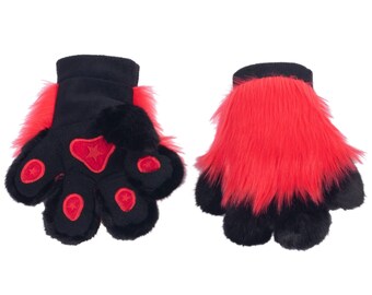 Pawstar PAWMITTS Paw Gloves - 5 finger furry faux fur vegan realistic fursuit hand cover fursona cat fox wolf bear mittens squeakers  3180