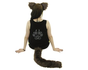 PAWSTAR Fluffy Mew Ears & Tail Set - Furry Kitty Cat costume cosplay combo in plush faux fur 4000