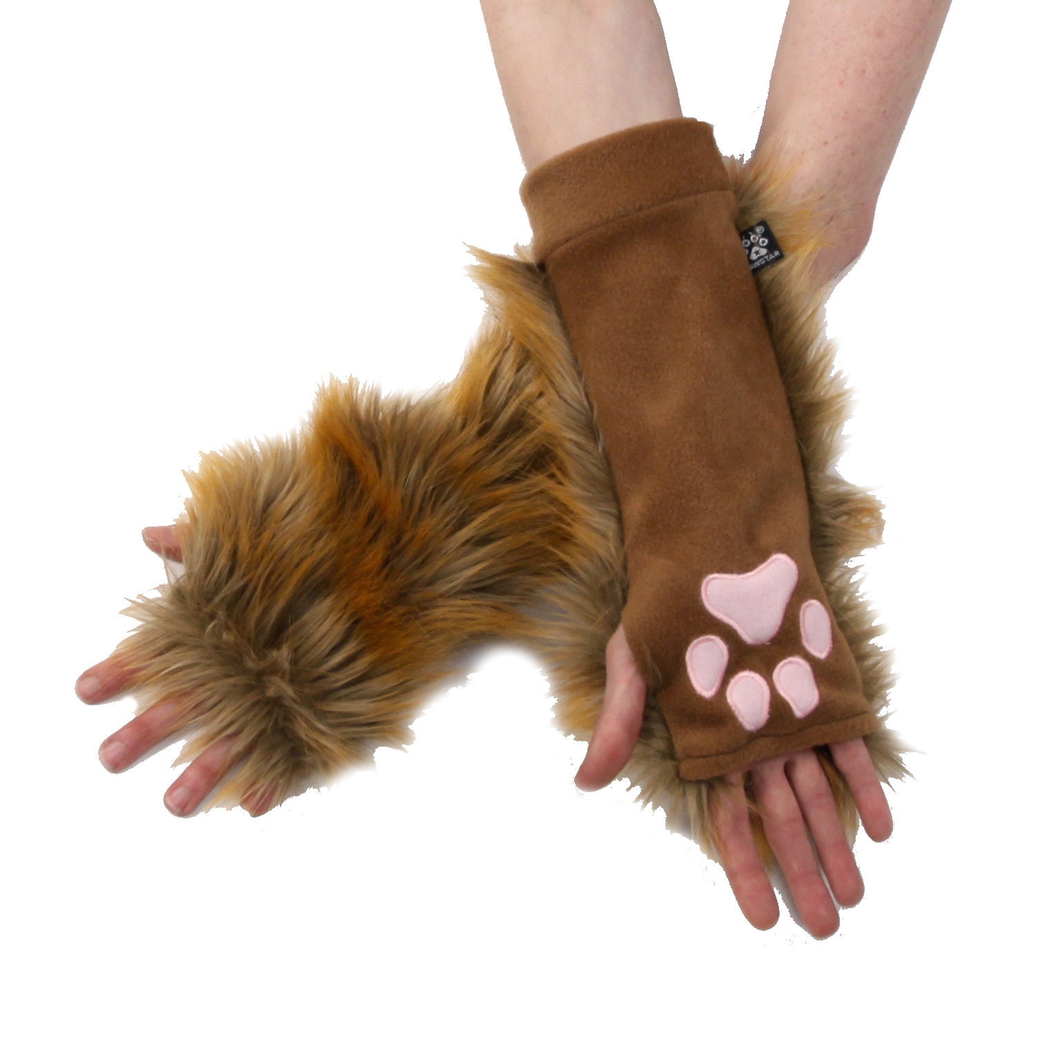 brown furry gloves