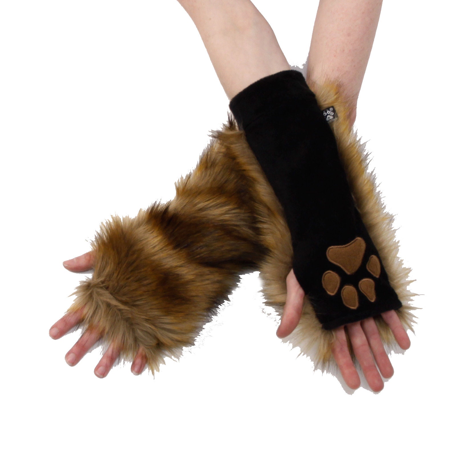 brown furry gloves