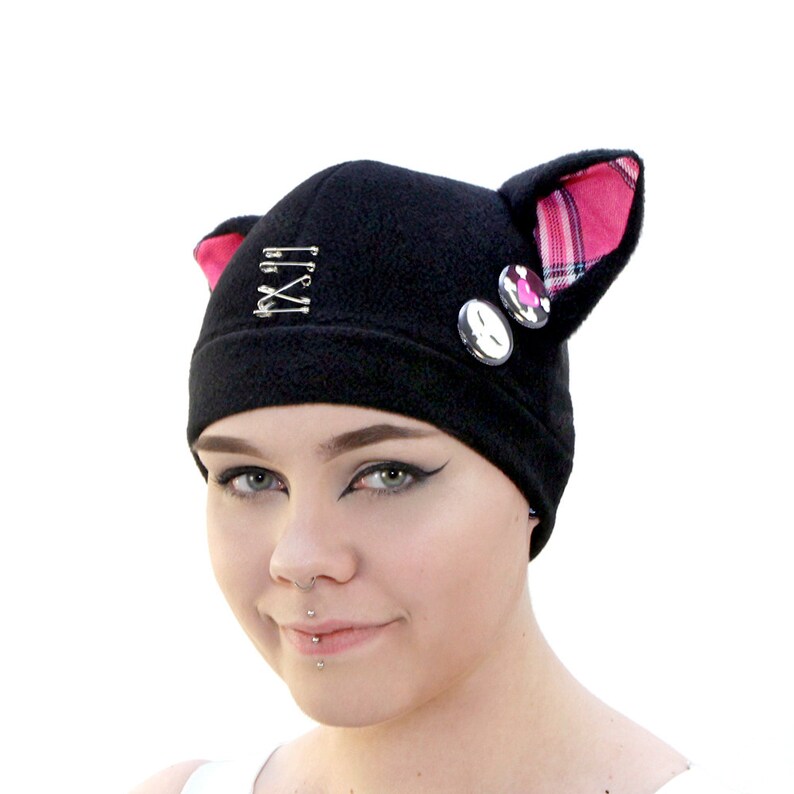 Cat Ears Plaid Fleece Beanie Red Black White Grey Gray Red Pink Purple Jrock Punk kawaii anime 1854 Pawstar SAFETY PIN KITTY Hat