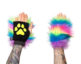 Pawstar Neon Rainbow Fur Pawlets - Perfect for a partial fursuit, Halloween costume, cosplay or just for fun!