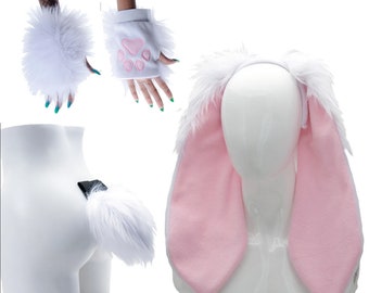 Pawstar Bunny Outfit - Classic White  - Halloween Costume - Ears, paws, tail