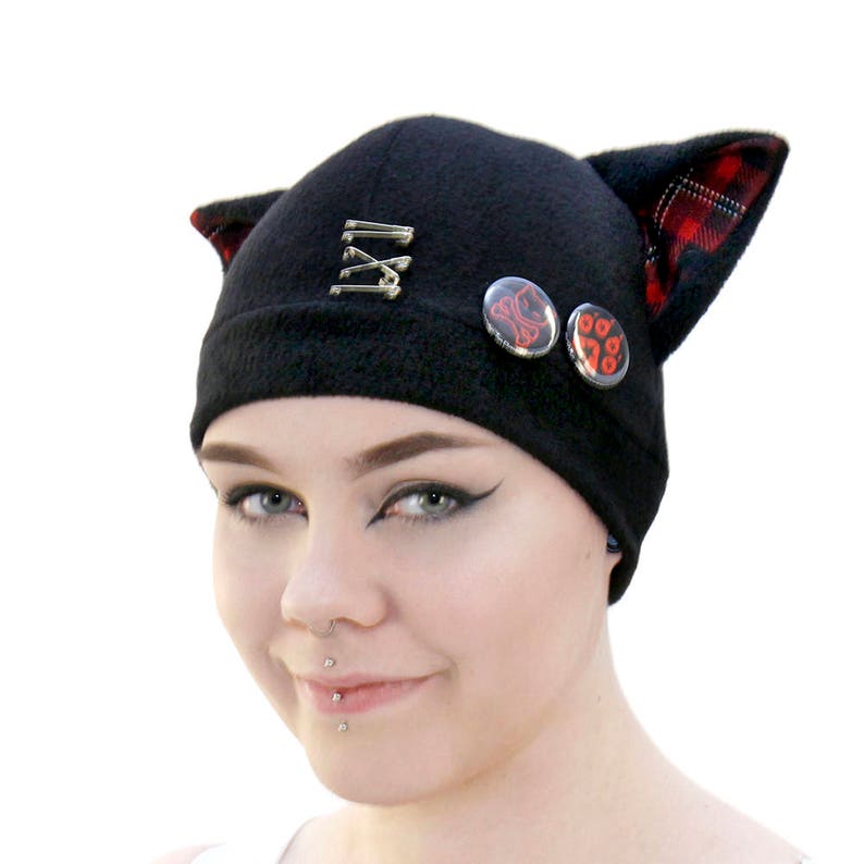 Pawstar SAFETY PIN KITTY Hat Fleece Beanie Plaid Color Red Etsy